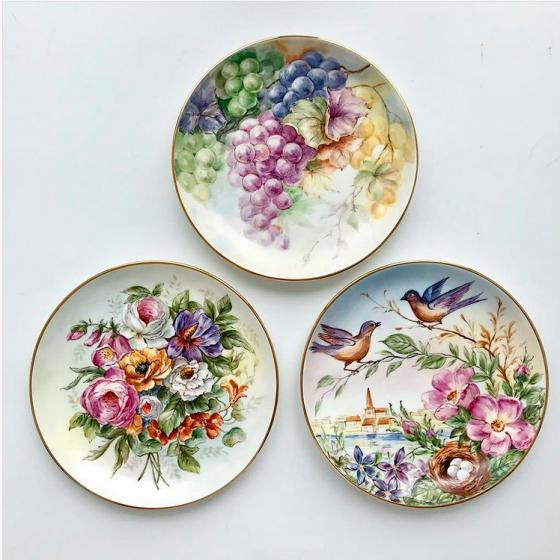 цветы и птицы три тарелки фарфор